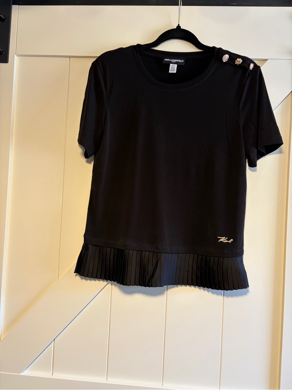 Karl Lagerfeld Black Short Sleeve Pleated Hem Top with Shoulder Buttons